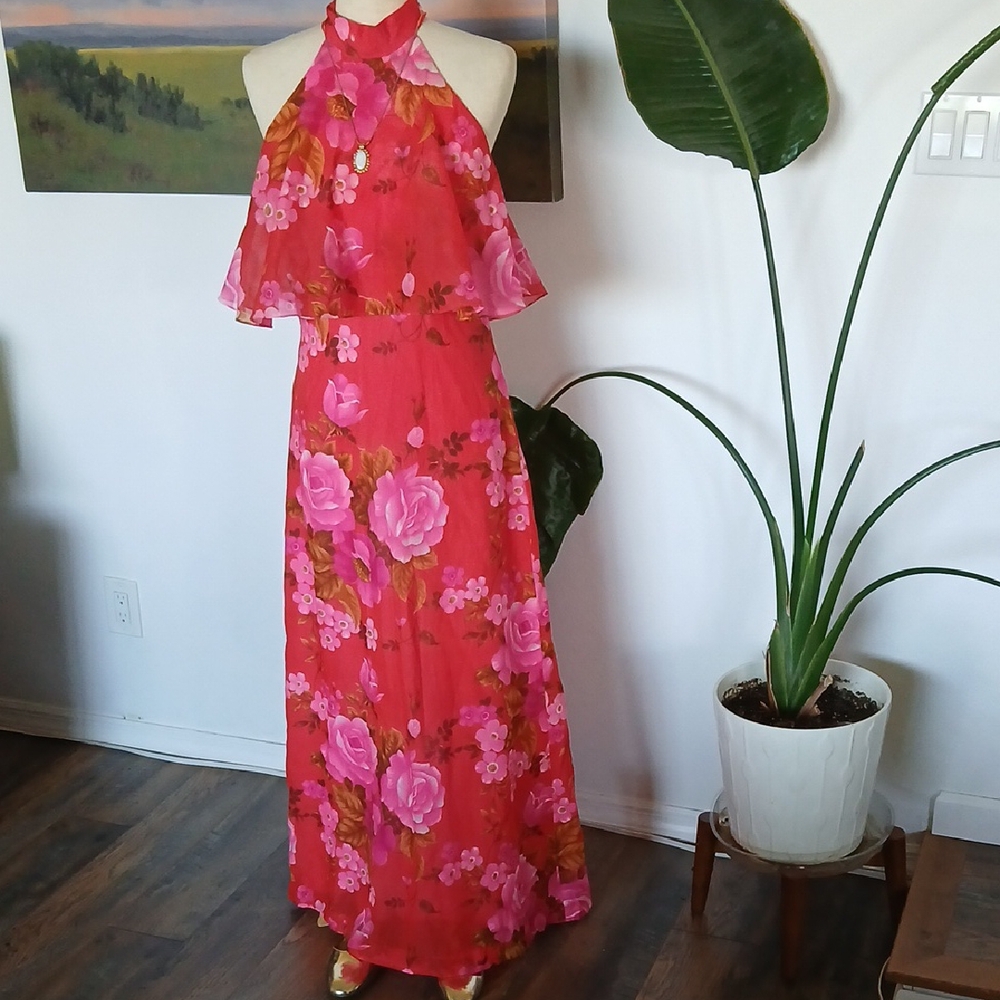 Vintage 70s Mr. Boots Floral Chiffon Halter Maxi Dress